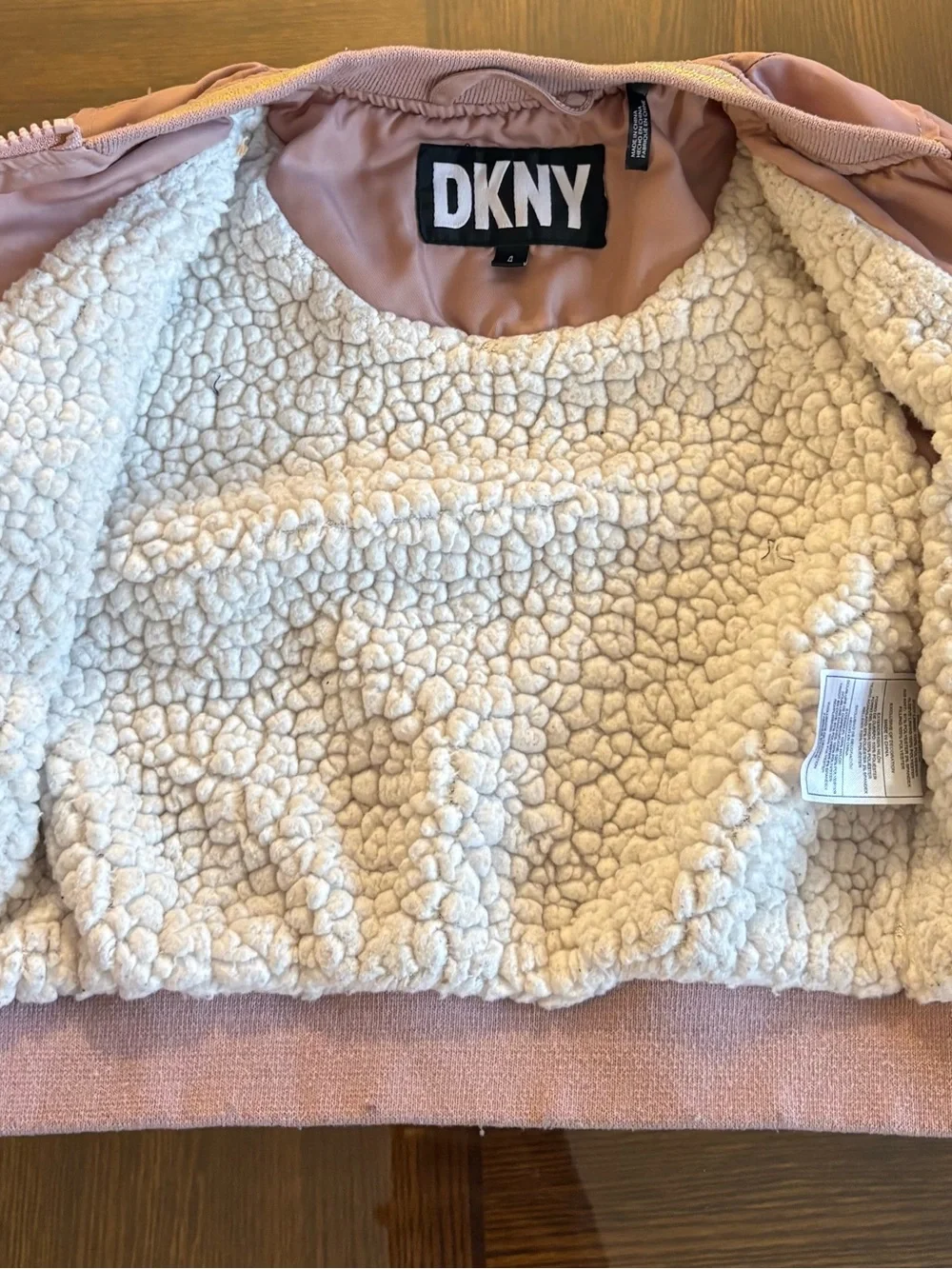 DKNY Bomber Jacket Girls Pink/Blush Size 4T Lined Faux Fur Gold Logo Spring Coat